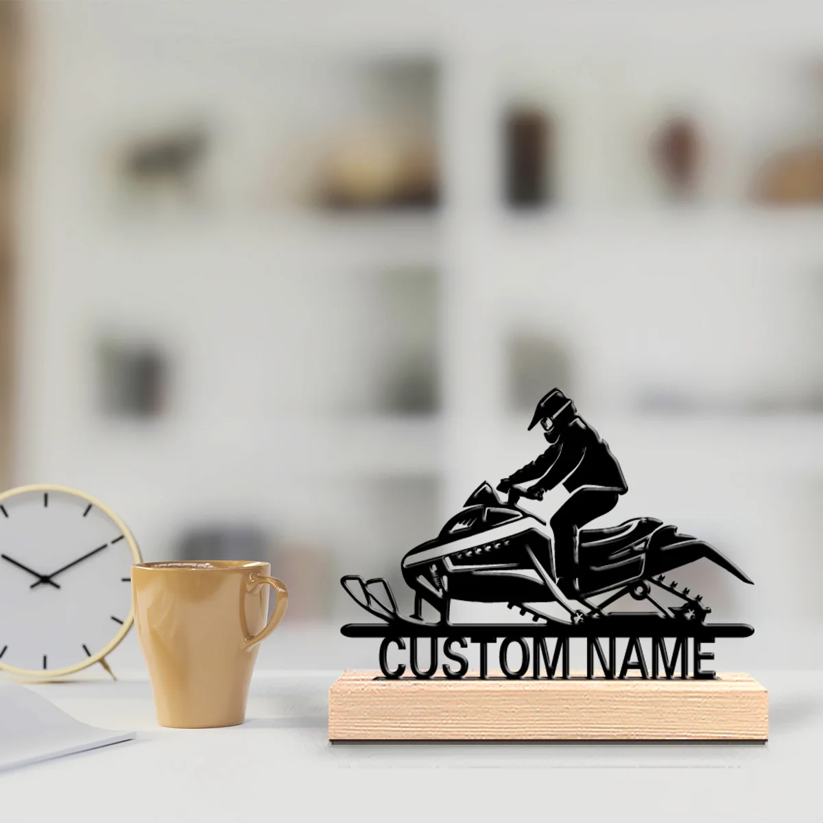 1pc Fun Personalized Custom A rider driving a snowmobile Metal Statues With Wooden Suitable As A Gift For Motorcycle Enthusiasts