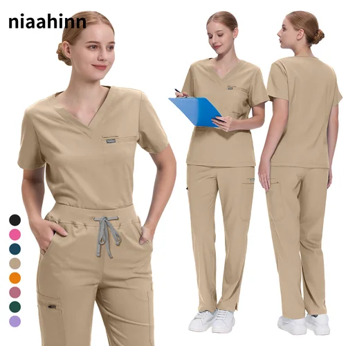 Ropa de trabajo para dentista, accesorios para enfermeras médicas, Tops exfoliantes de Color sólido, pantalones rectos, más bolsillos, conjunto exfoliante, uniforme de médico clínico
