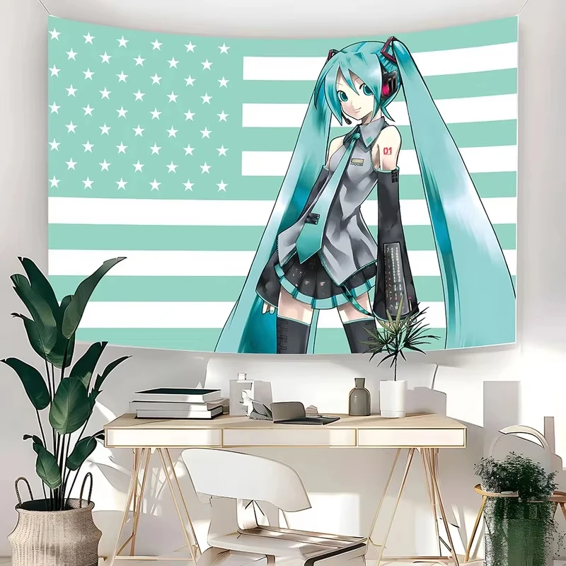 VIKAMA Miku Patriotische Anime-Mädchen Wandteppich US-Flagge Hintergrund Flachdruck Wandbehang Ästhetische Türkisfarbene Zöpfe Mädchen-Kunst für Wohnheim-Dekoration