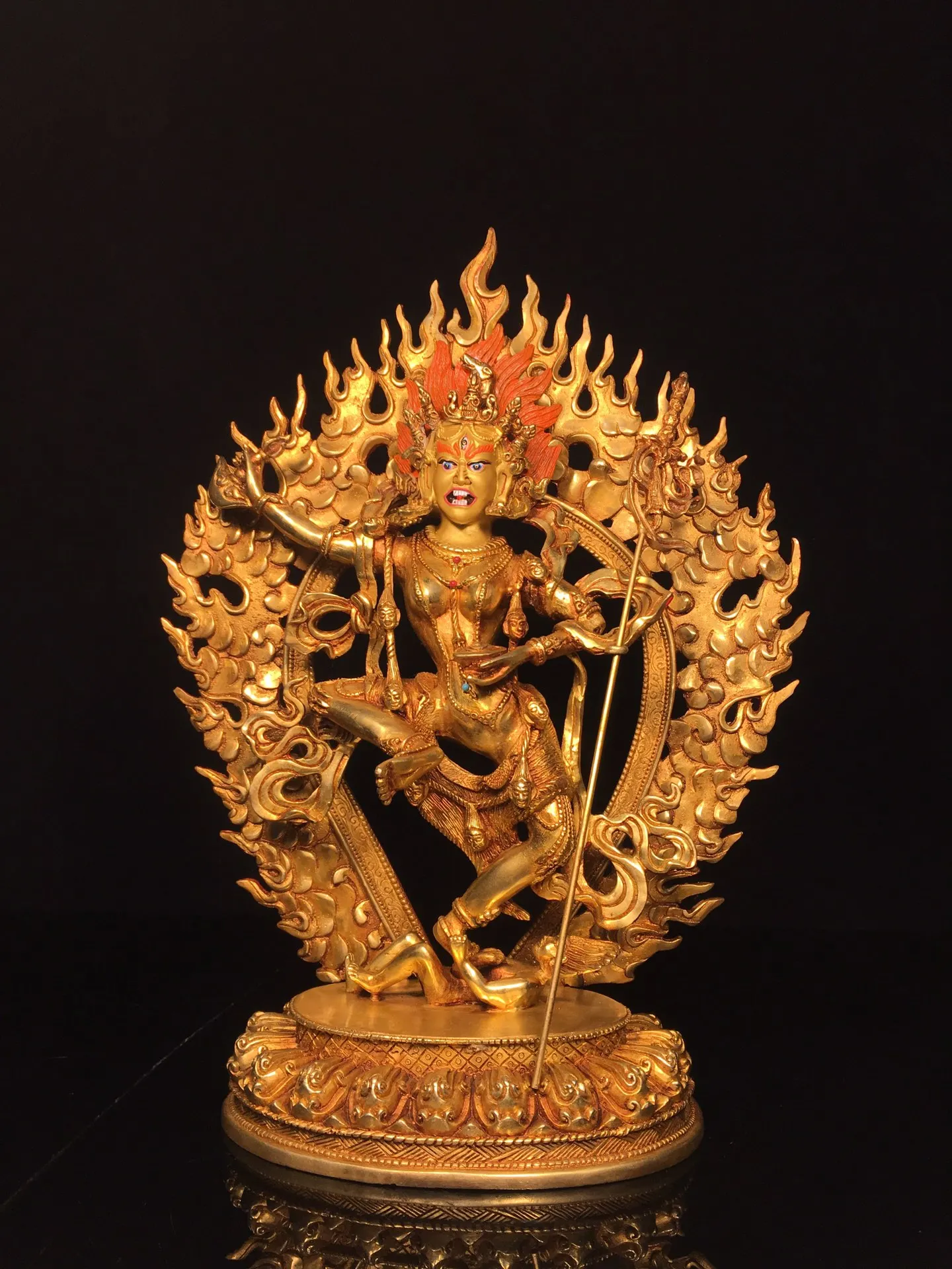 

35.5cm Tibetan Old Bronze Buddha Pure Copper Gilded Colored Painting Inlaid with Gemstone Backlit Avalokitesvara Buddha Statue