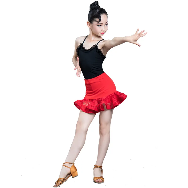 Latin dance costume for children and girls, black top, one piece summer suspender, cotton ballet dance training suit