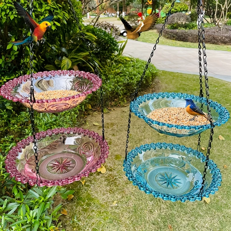 2-layer Bird Feeder, Suspended Bird Bath, Courtyard Decoration, Durable Tray with Chain for Bird Bath, Outdoor Bird Feeding