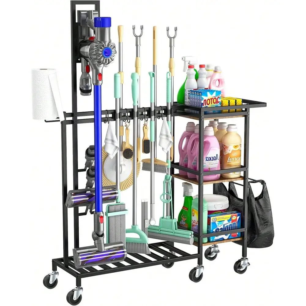 

Utility Cart On Wheels, Multifunctional Cleaning Tools Supplies Organizer With Broom And Mop Holder, Vacuum Stand Compatible Wi