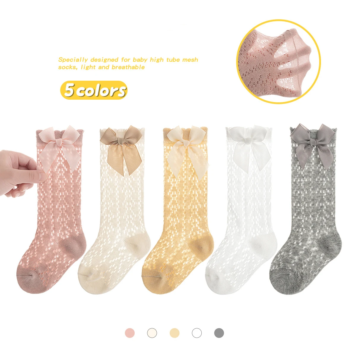 5 Pairs Infant Baby Girls Socks 0-3Y Girls Solid Bow Lace Knee High Sock Pack Infant Girls Soft Cotton Long Mesh Socks Clothing