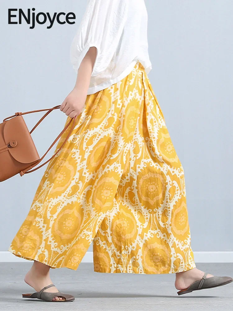 

2024 Summer Women Vintage Print Cotton Linen Wide Leg Pants Elastic Waist Capris Baggy Pants Loose Oversized Trousers Streetwear