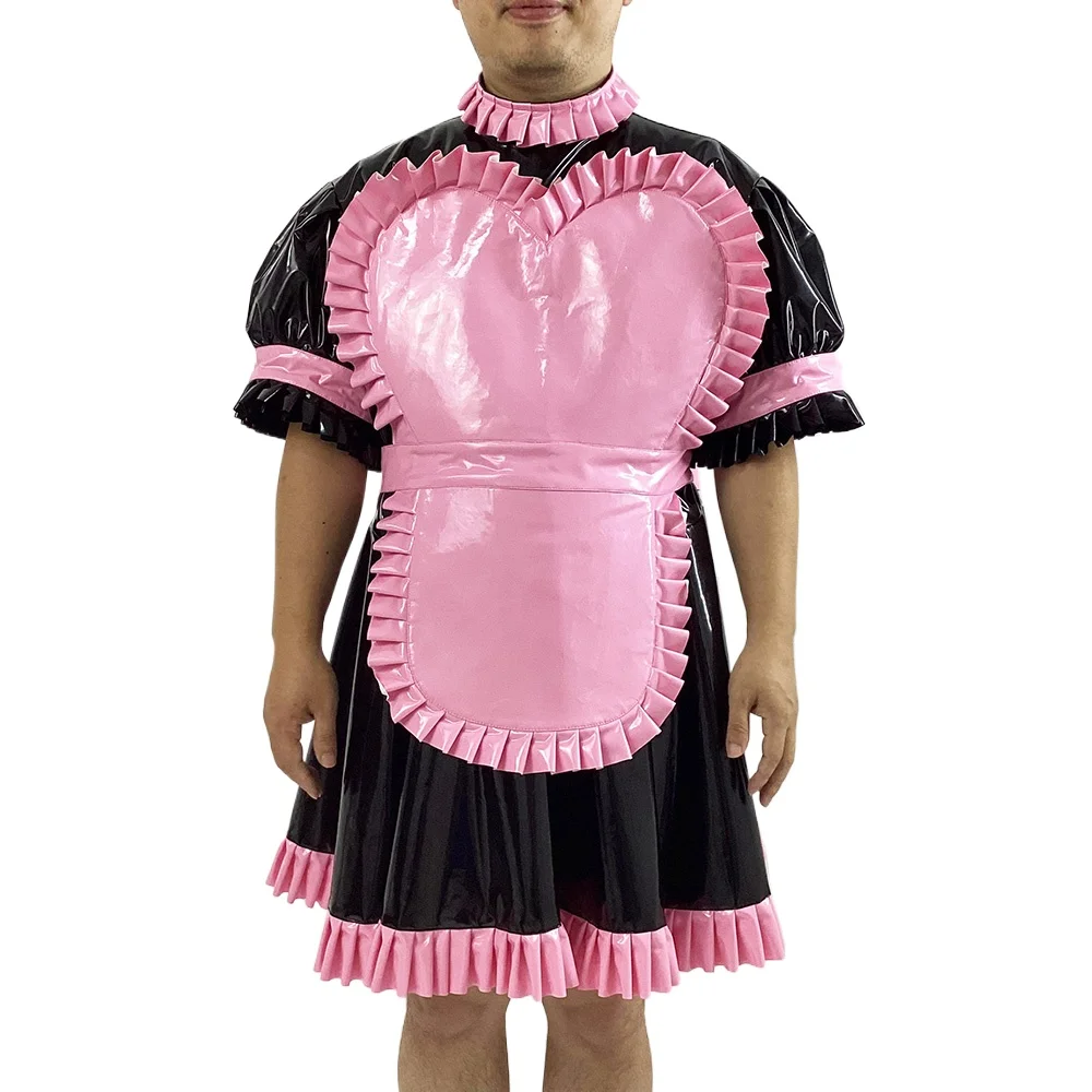 Mens Wetlook PVC Puff Short Sleeve Maid Uniforms Lockable French Maid Cosplay Costume with Apron Headband Sissy Maid Dress Sets