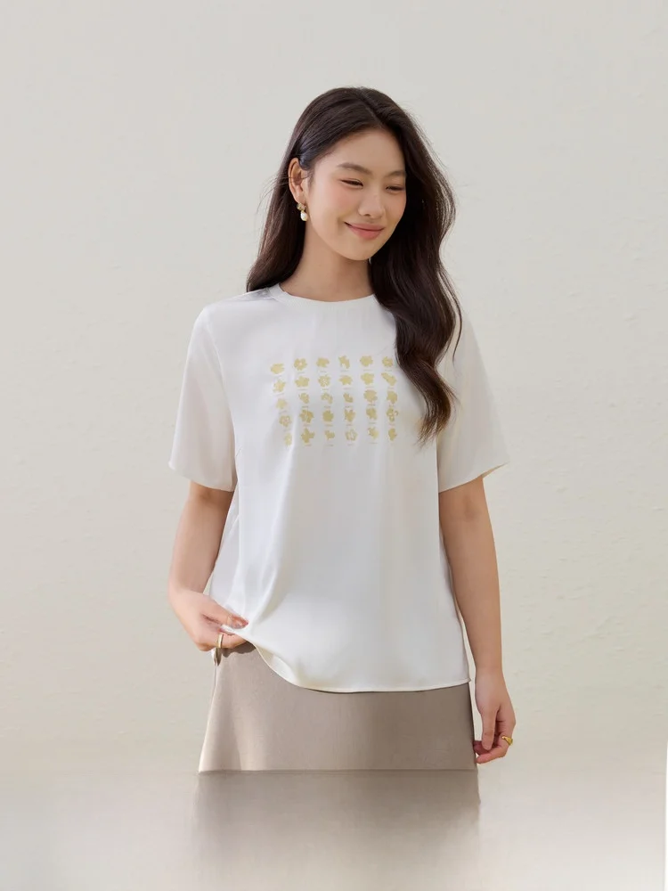 

Мягкая атласная футболка с разрезом, модный женский топ с круглым вырезом больших размеров, корейский стиль, облегающий крой, короткий рукав, летняя новинка