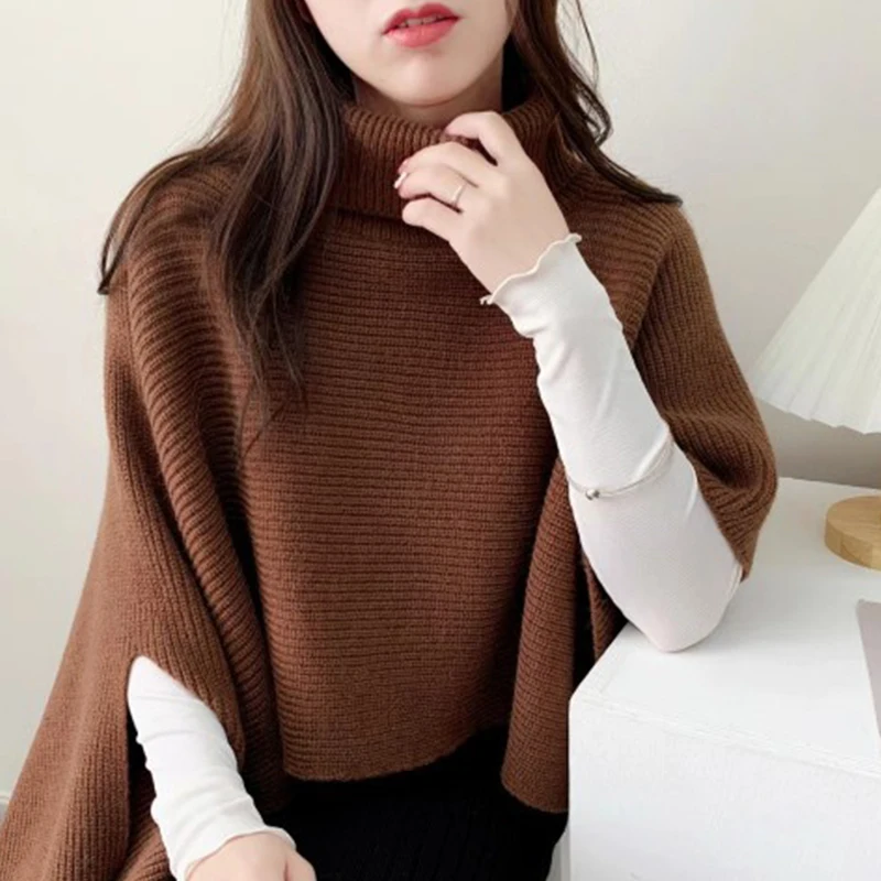 Winter New Irregular Vintage Turtleneck Knitted Cape Pullover Women Casual Knitwear Solid Basic Elegant Top Cloak Sweater