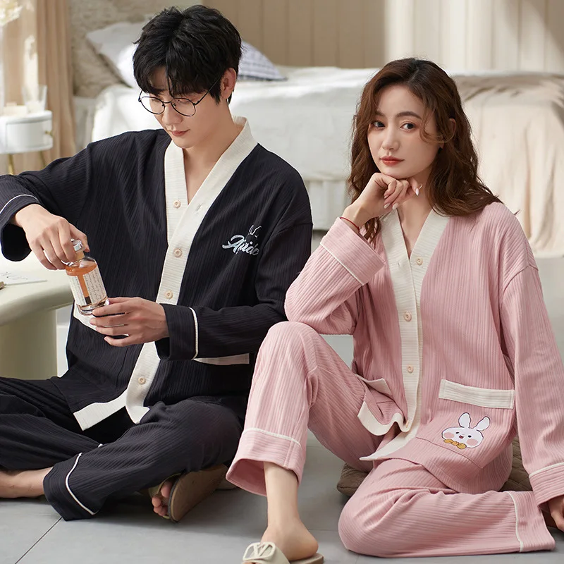 Autumn Spring Cotton Nightwear For Couple Men\'s Pajamas Set Women\'s Sleepwear Male Female Home Suit Pjs V Neck Home Service