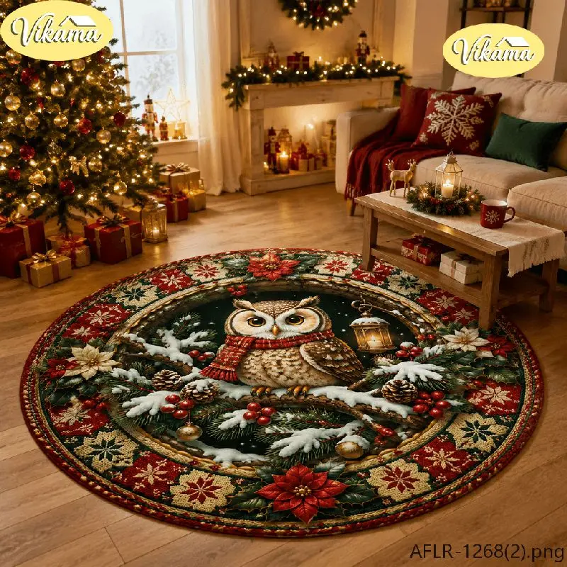 VIKAMA Christmas Round Rug Snowy Owl Red Scarf Pine Branch Area Rug Living Room Holiday Home Decor Aesthetic Art Large Premium