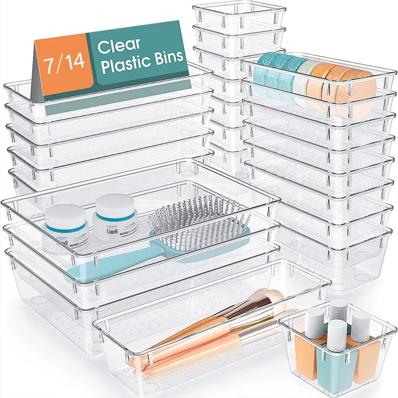 7/16Pcs Clear Plastic Drawer Organizers Set Desk Dividers Bins Storage Box for Makeup Jewelry Office Gadgets