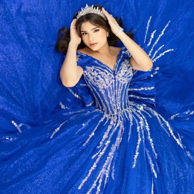 Royal Blue Shiny Ball Gown Quinceanera Dresses Off the Shoulder  Crystal Bow  Party Birthday Sweet 16 Vestidos 15 De Customized