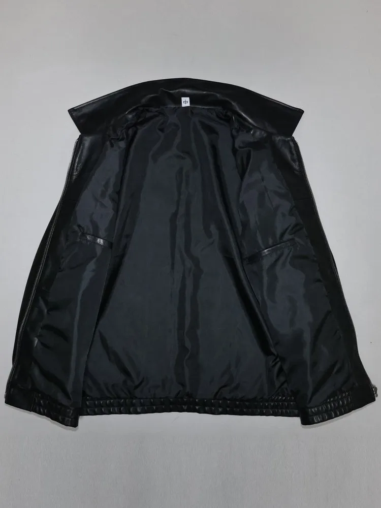 Giacca Primaverile da Donna in Vera Pelle, Colletto Rovesciato, Vestibilità Ampia, Casual, Moda Ufficio, Cappotto Morbido in Pelle di Pecora Nera