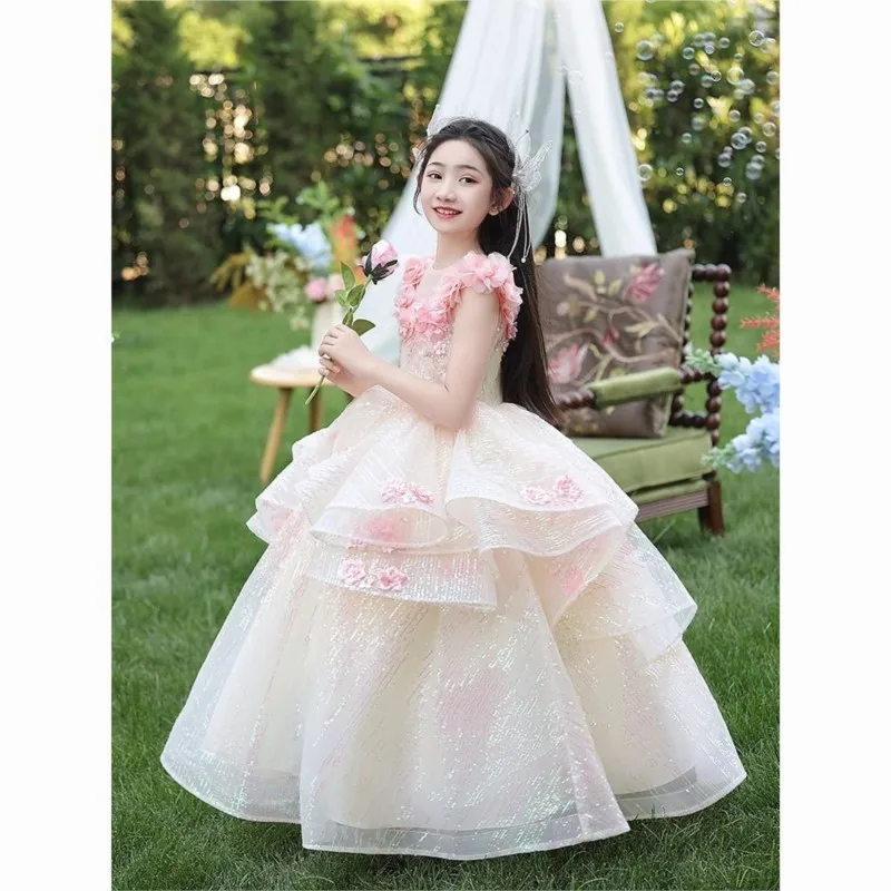 2025 New Arrival Cute Pink Host Dress for Girls Kids' Princess Birthday Children's Summer Piano Performance Dress For Gift LH195