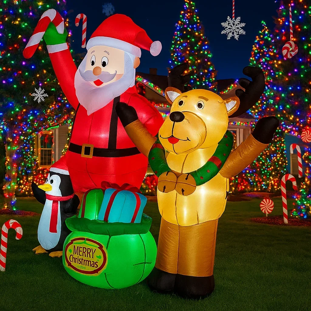 2.1M/6.8FT Inflatable Santa Reindeer Penguin with Gift Bag  Lights LED Home Decorations Toys Yard Xmas Holiday Decor Supplies