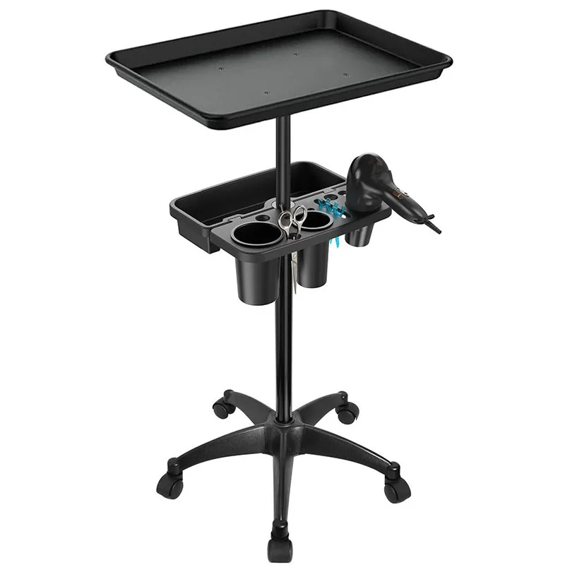 Black Double Layer Salon Trolley Height Adjustable Rolling Cart with Removable Storage Tray Hair Dryer Holde for Barber Shop Spa