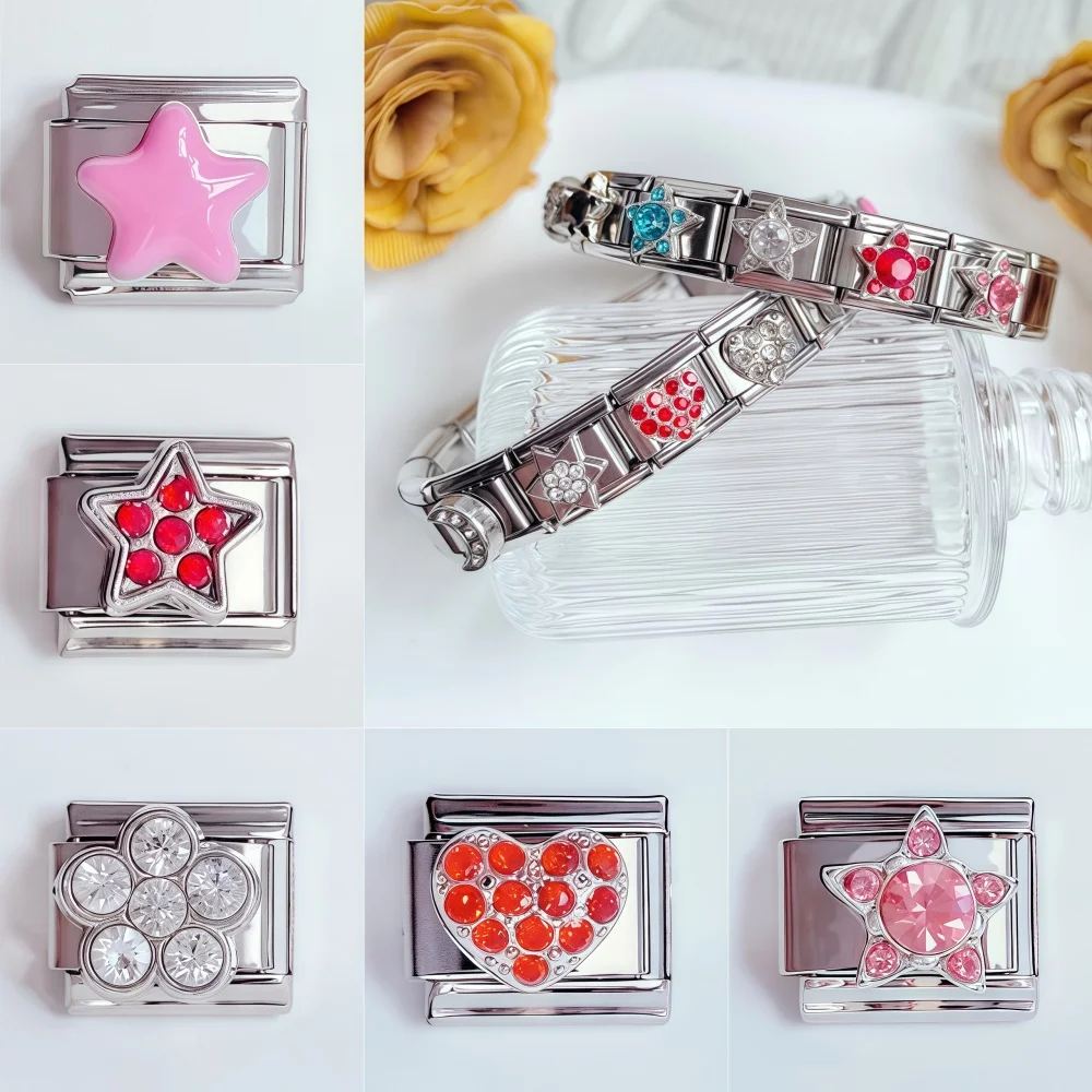 

New Shiny Star Love Italian Charm Fit 9mm Women Chain Bracelet Stainless Steel 9mm Modular Charms Bracelet Jewelry