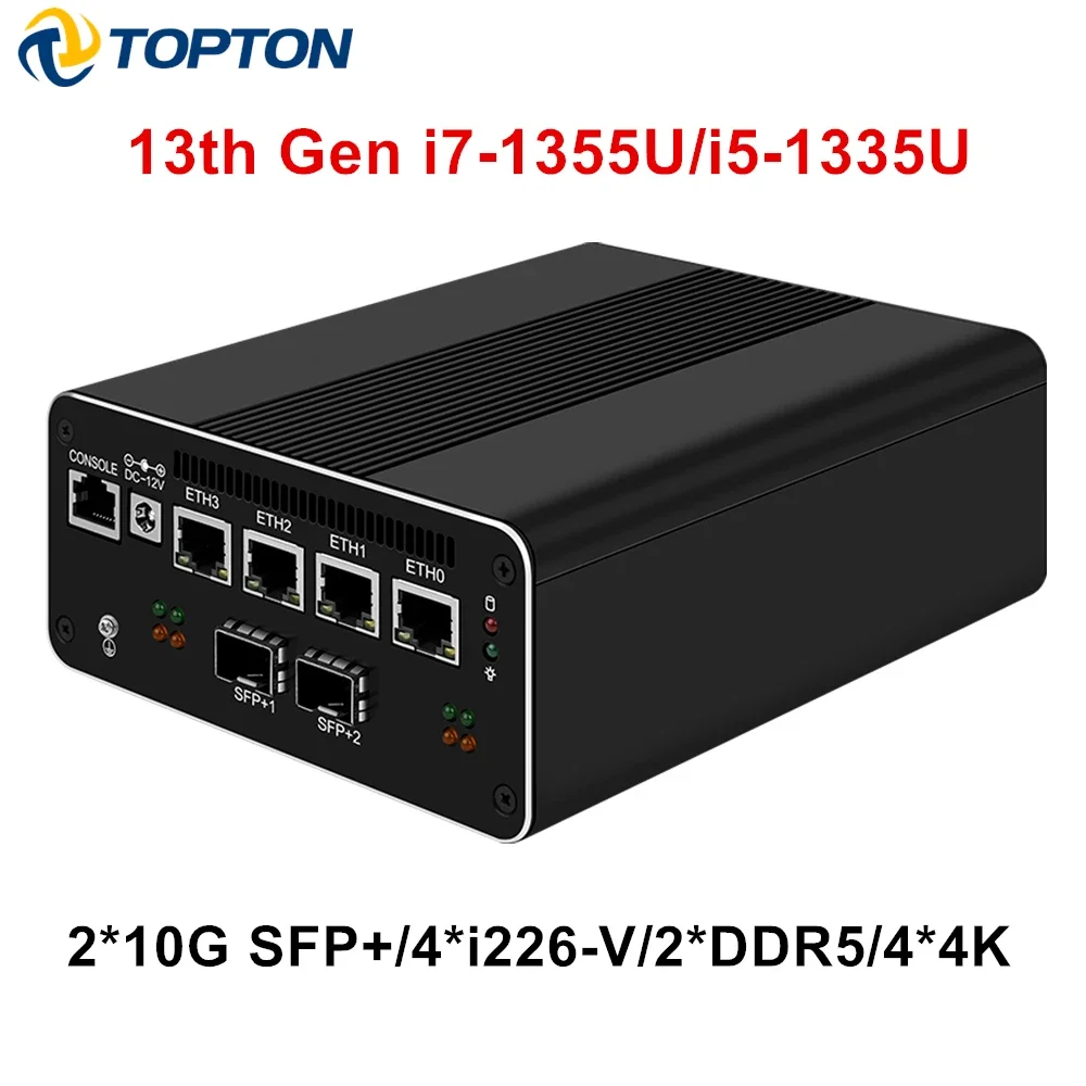 جديد 13th Gen Firewall Mini PC I7 1355U I5 1335U 2*10G SFP + بصري 4x I226-V 2.5G Soft Router 4*4K Proxmox Host