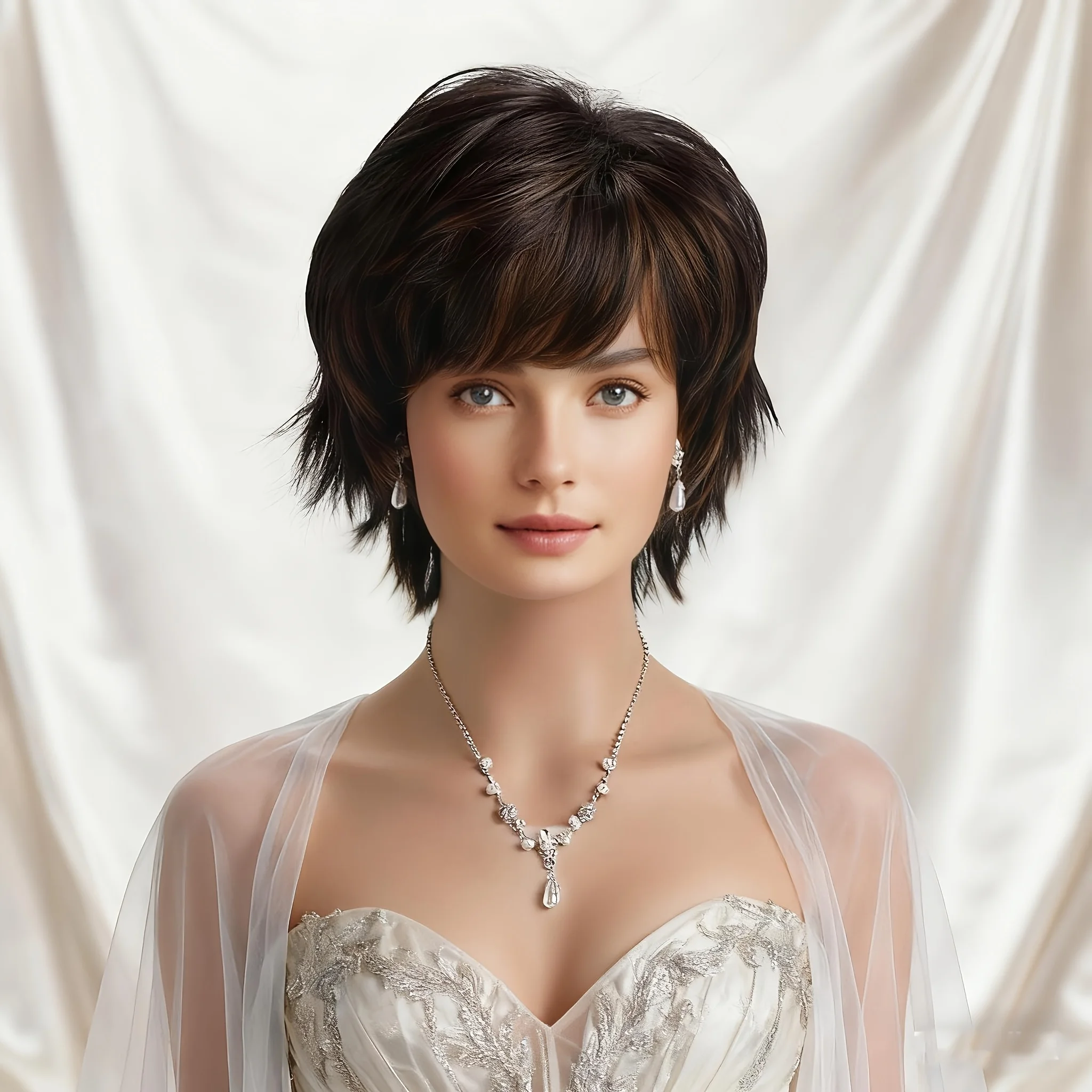 Wig Fiber Net - エレガントでふわふわ、おしゃれなショートカーリーウィッグ 女性用、合成繊維、ショートヘア、耐熱高温シルクインナーネット