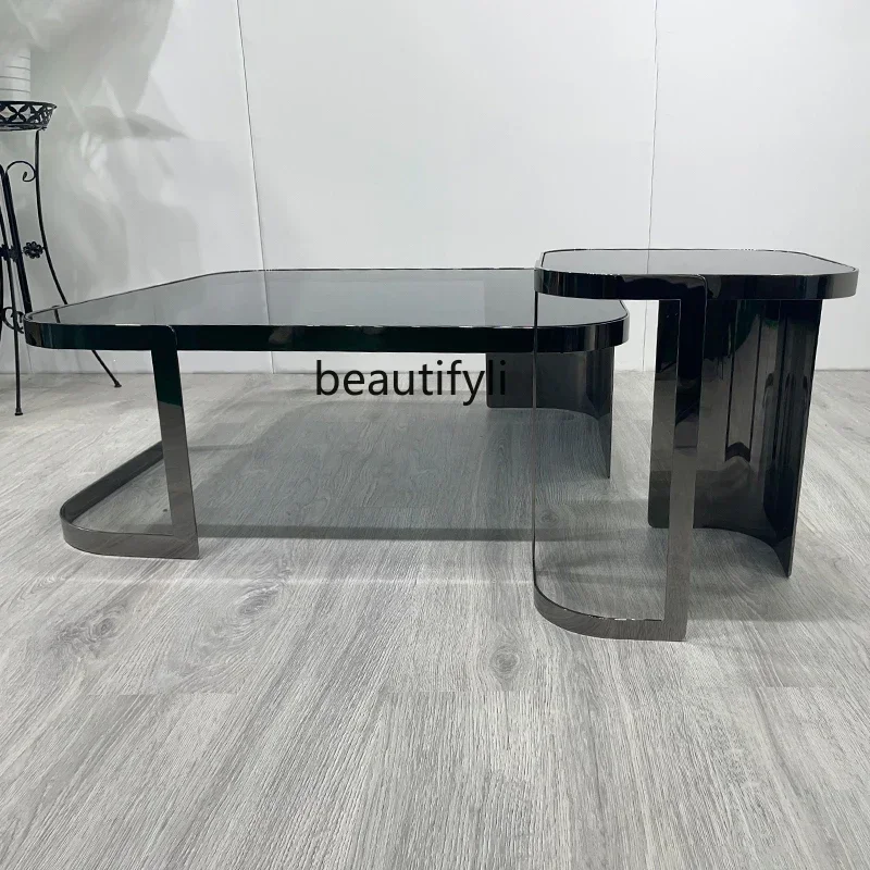 

cqyMinimalist Italian stainless steel light luxury coffee table glass square modern living room designer personalized tea table