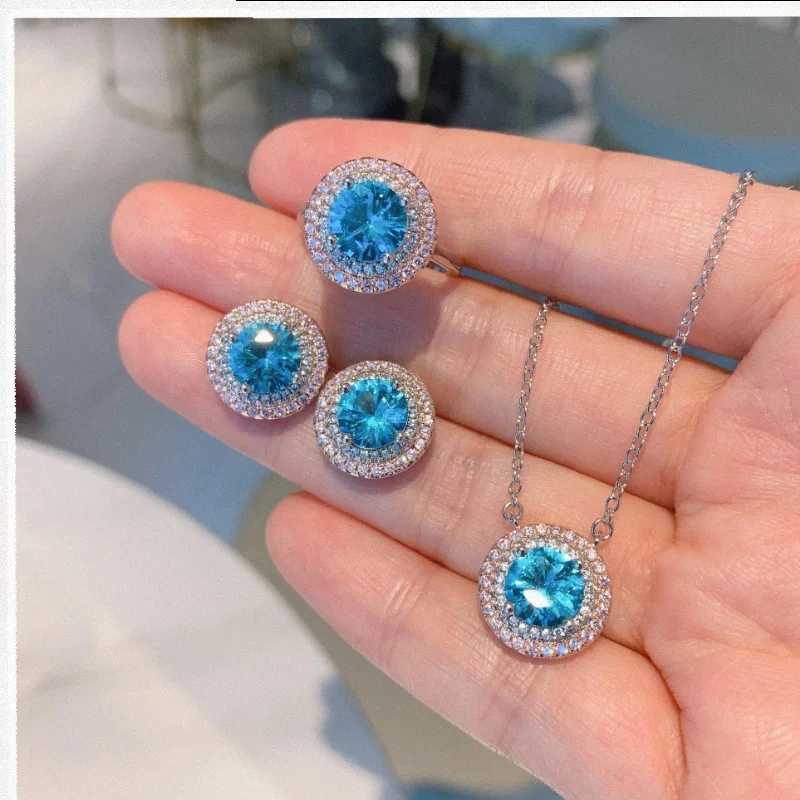 Retro Round Sapphire Stone Gemstones Wedding Ring for Couple Necklace Stud Earrings Women Party Trendy Jewelry Charms Gift