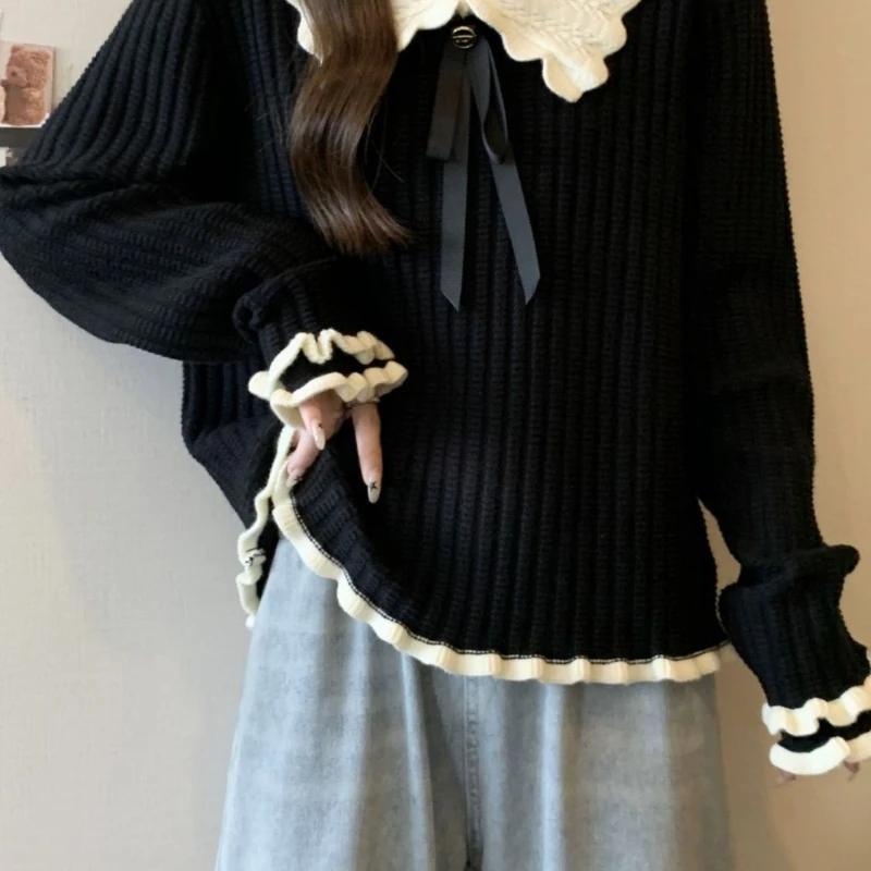 Korean Fashion Sweet Black Sweater Autumn Doll Collar Long Sleeved Wooden Ear Women Knitted Tops Loose Casual Pullovers Knitwear