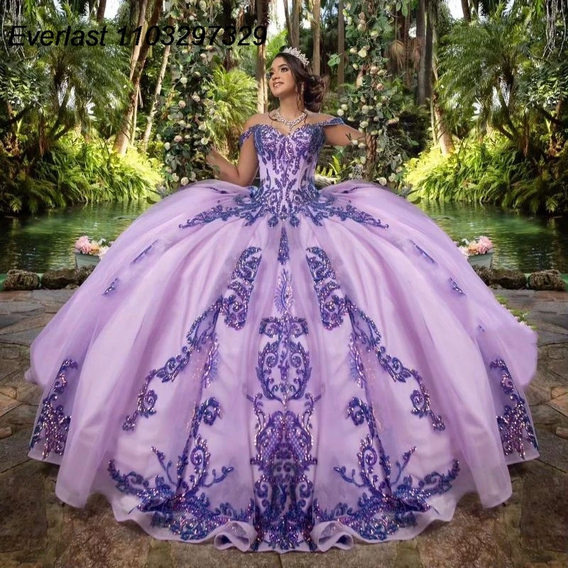 

EVLAST Customized Lilac Quinceanera Dress Ball Gown Lace Applique Sequins Beading Mexican Sweet 15 Vestido De 15 Anos TQD565