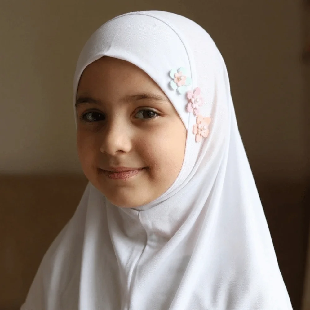 Soft Little Girls Pull-On Hijab with Floral Ornament Non-slip Crystal Linen Headscarf Breathable Solid Colors Head Cover Casual