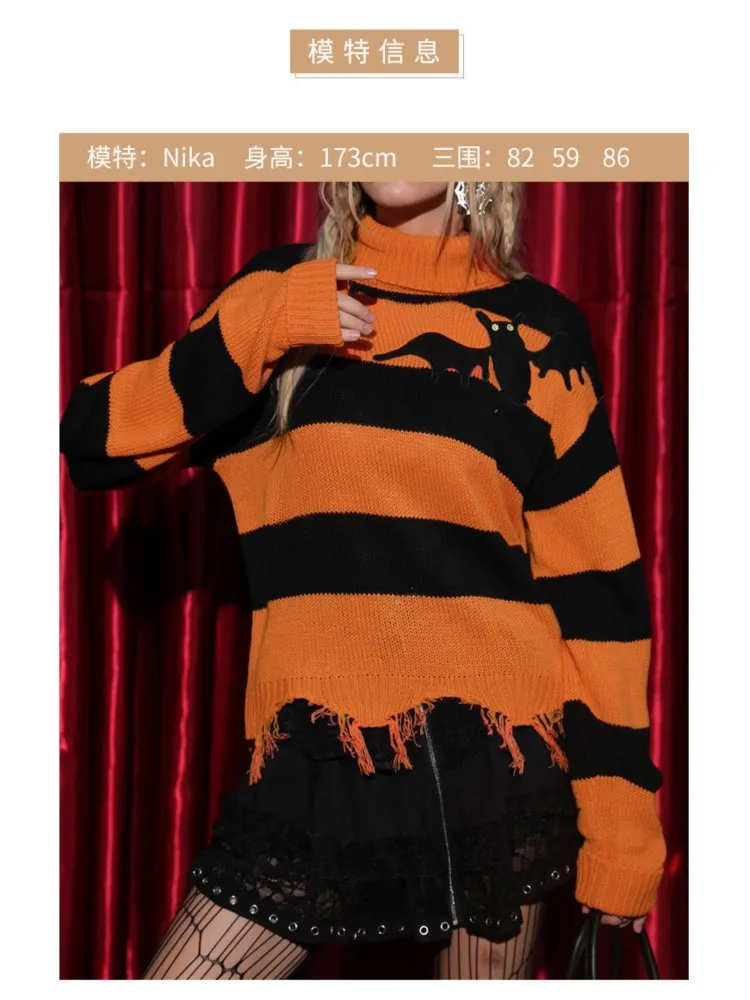 Autumn Winter New High Neck Halloween Style Striped Long-sleeved Loose Sweaters 2025 Women's Holiday Fashion Knitting Sweater