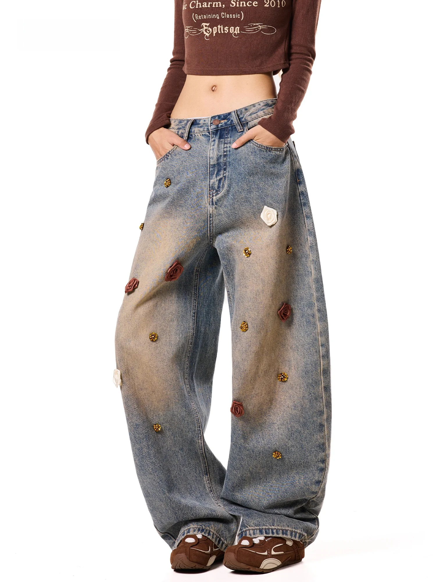 Rose Embellished Cotton Denim Pants Women's Loose Wide Leg Retro Slimming Long Trousers Comfortable High Waist Autumn New Style