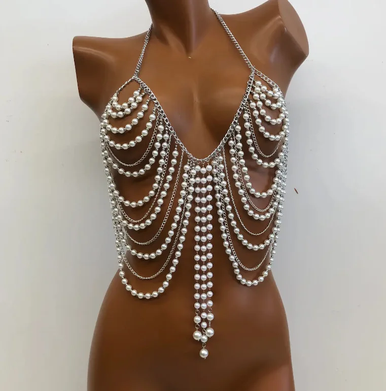 2024 Pearl beaded chest chain show accessories pure hand-made neckline body chain