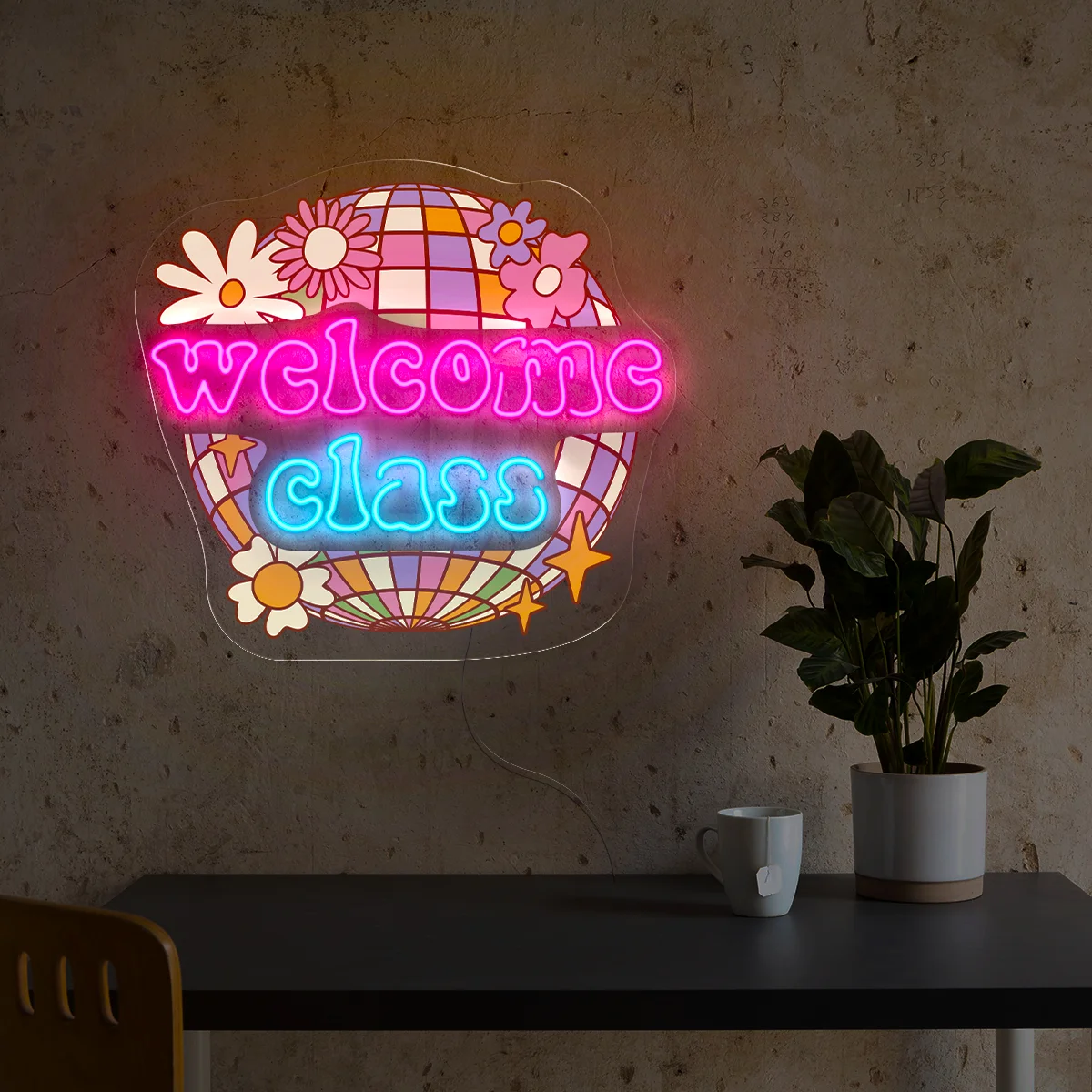 

Welcome Disco Neon Sign Bar Beer Club Wall Decor Class Flower Sign Custom Globle UV Print Neon Bedroom Game Room Dimmable Sign