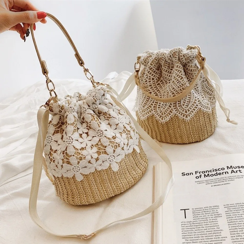 Portable Lace Straw Shoulder Bag Bohemian Flower Weave Tote Bag Bucket Bag Hollow Beach Handbag Students view 2