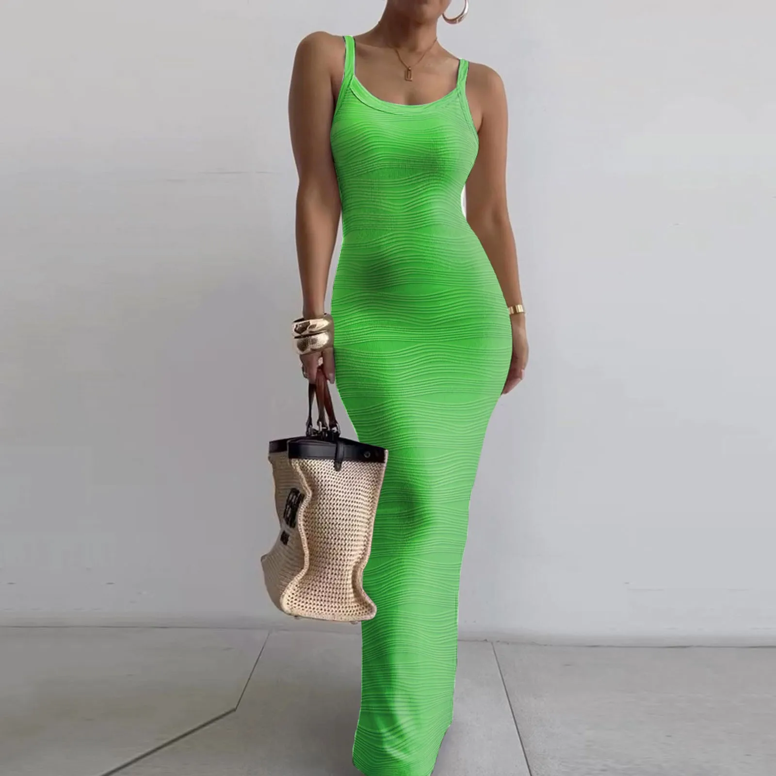 Women Sexy Bodycon Long Dress Solid Color Spaghetti Strap Sleeveless Evening Party Dress Summer Beach Going Out Clothing