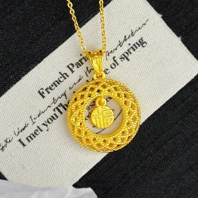 

Luxury 24K 9999 Pure Gold real gold Women's Woven Dream Net Fu Ping An Buckle Hollow Pendant Necklace