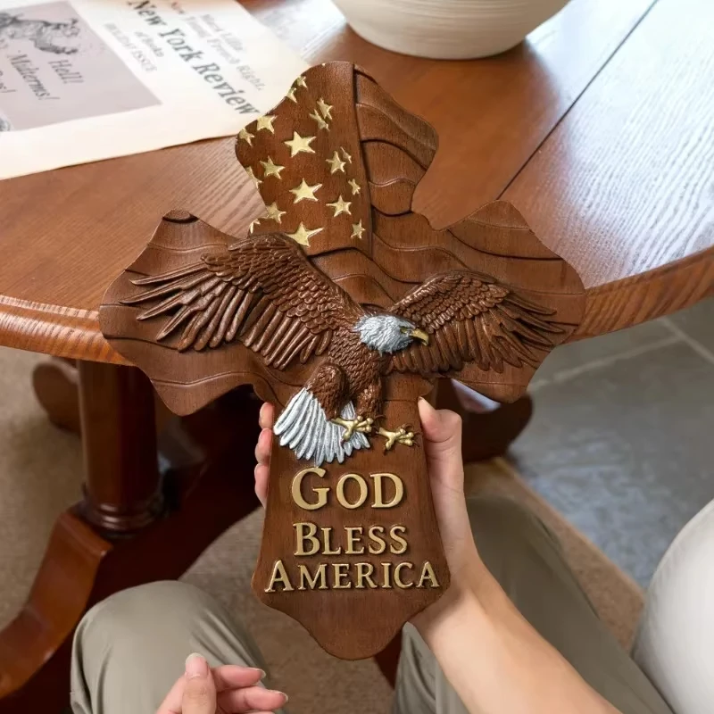 

American Hanging Bald Animal Eagle God Bless Wooden Cross, Home Room Wall Decor Art Mural Gift