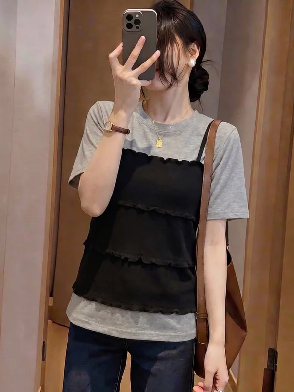 Khaki T-Shirt Women's Summer New plus Size Fake Two-Piece Shoulder Bells Short Sleeve round Neck Loose Fit Commute Style
