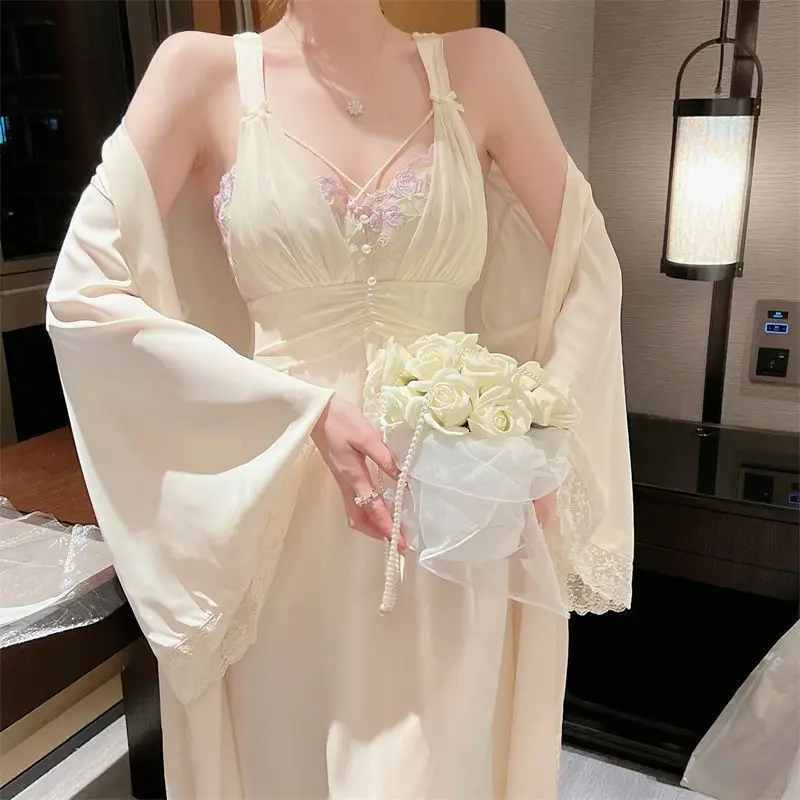 Long Princess Style Home Dress Suit Satin Women Sexy Lace Slip Nightgown Wedding Moring Gown Loungewear Long Kimono Bathrobe