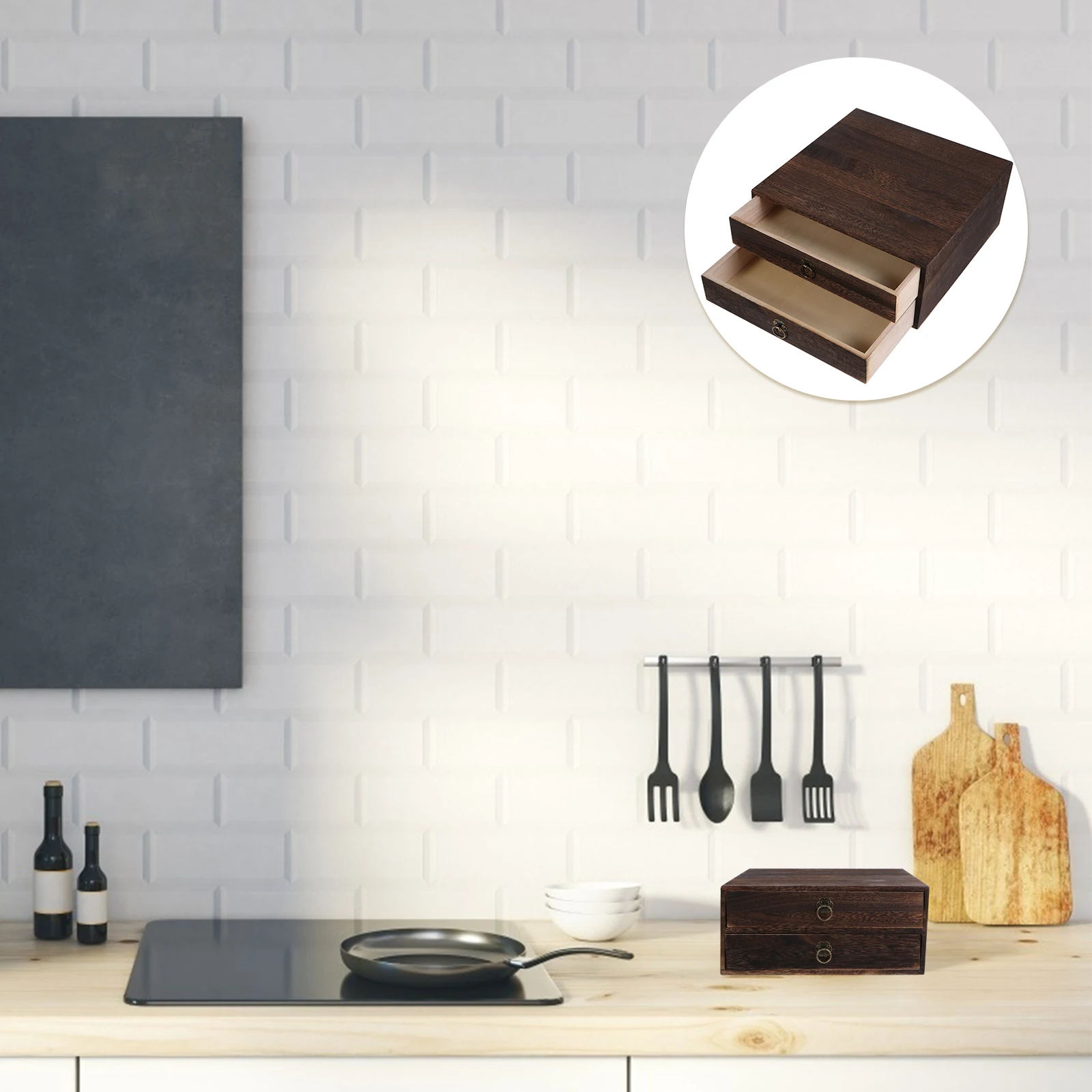 1pc Solid Wood Desk Drawer Retro Desktop Organizer 2 Layer Storage Box For Home Office Decoration Table Organization