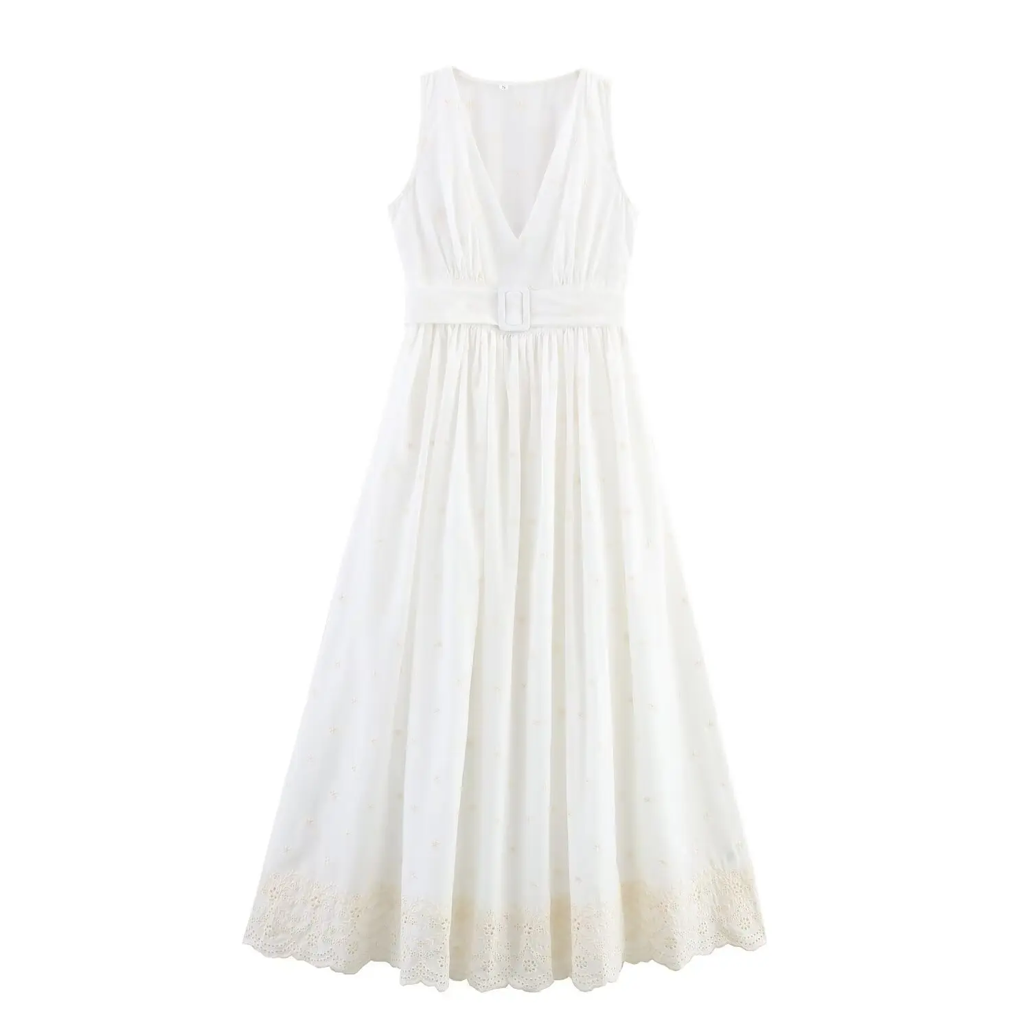

2025 Summer Women's White Long Dress V-Neck Sleeveless Embroidered Dresses Boho Casual Beach A-Line Holiday Dress