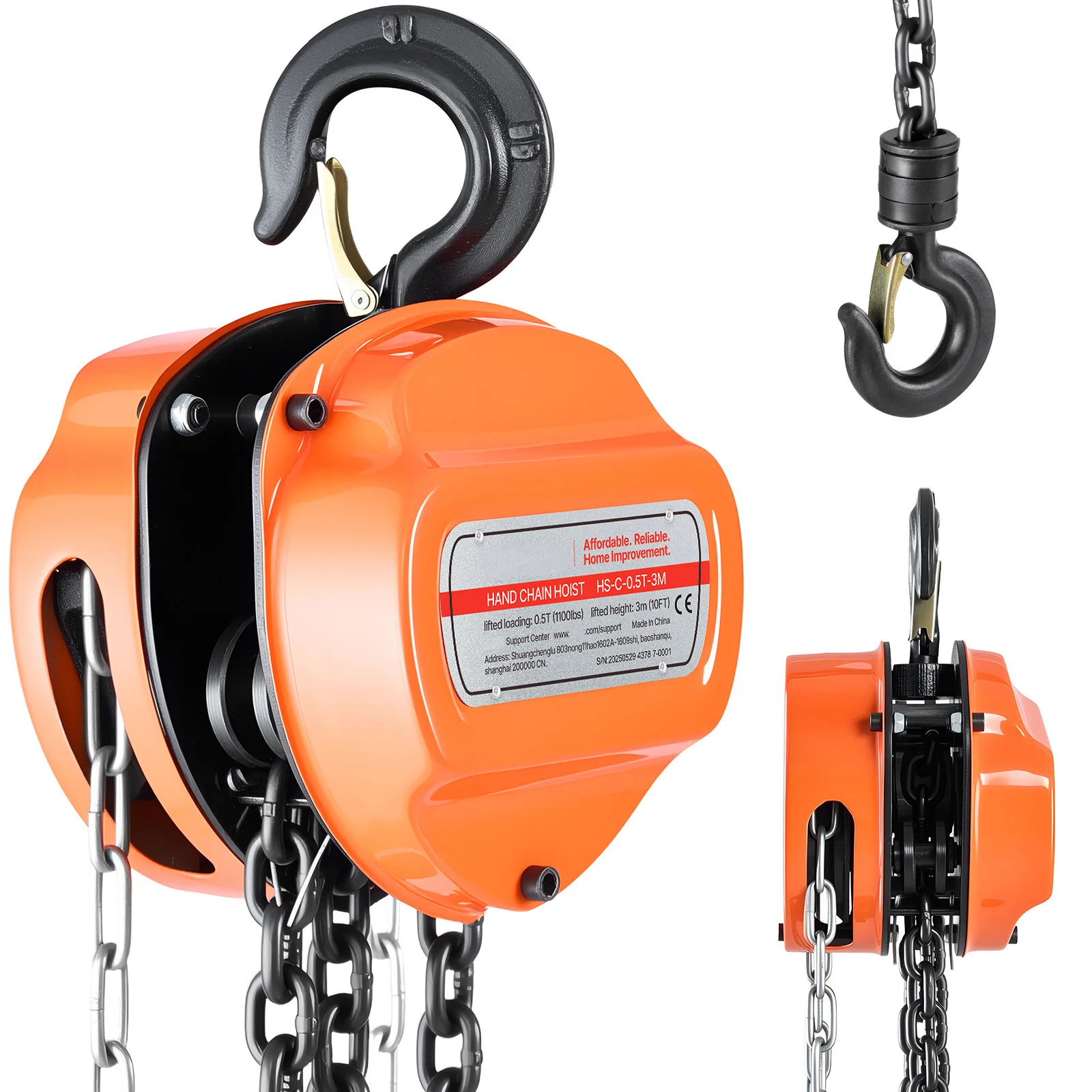 SucceBuy Hand Chain Hoist Manual Chain Block with Upgrade G80 Galvanized Chain 10 ft/20ft Lifting Height Pulley Hoist for Garage