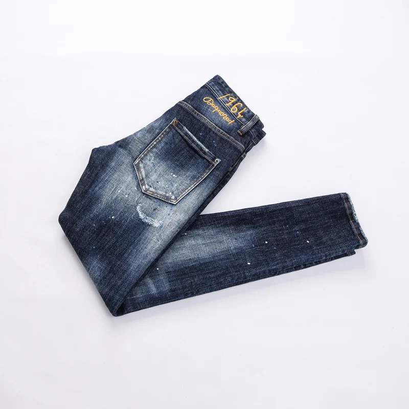 Street Fashion Men Jeans High Quality Retro Blue Elastic Slim Fit Ripped Jeans Men Embroidery Designer Denim Brand Pants Hombre