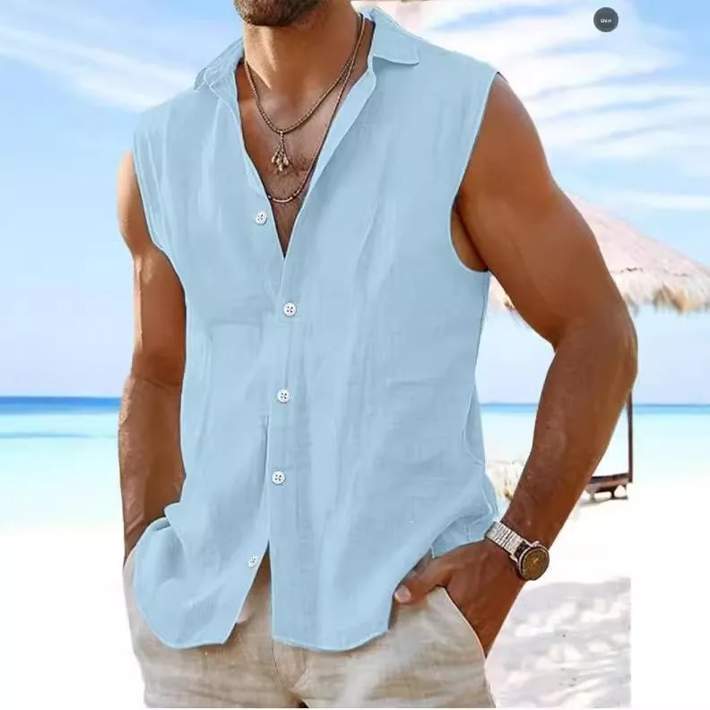 

Hawaii Color Svel, хлопок и лен, независимый воротник-стойка, пляжная одежда, трансграничная, однотонная, мужская одежда