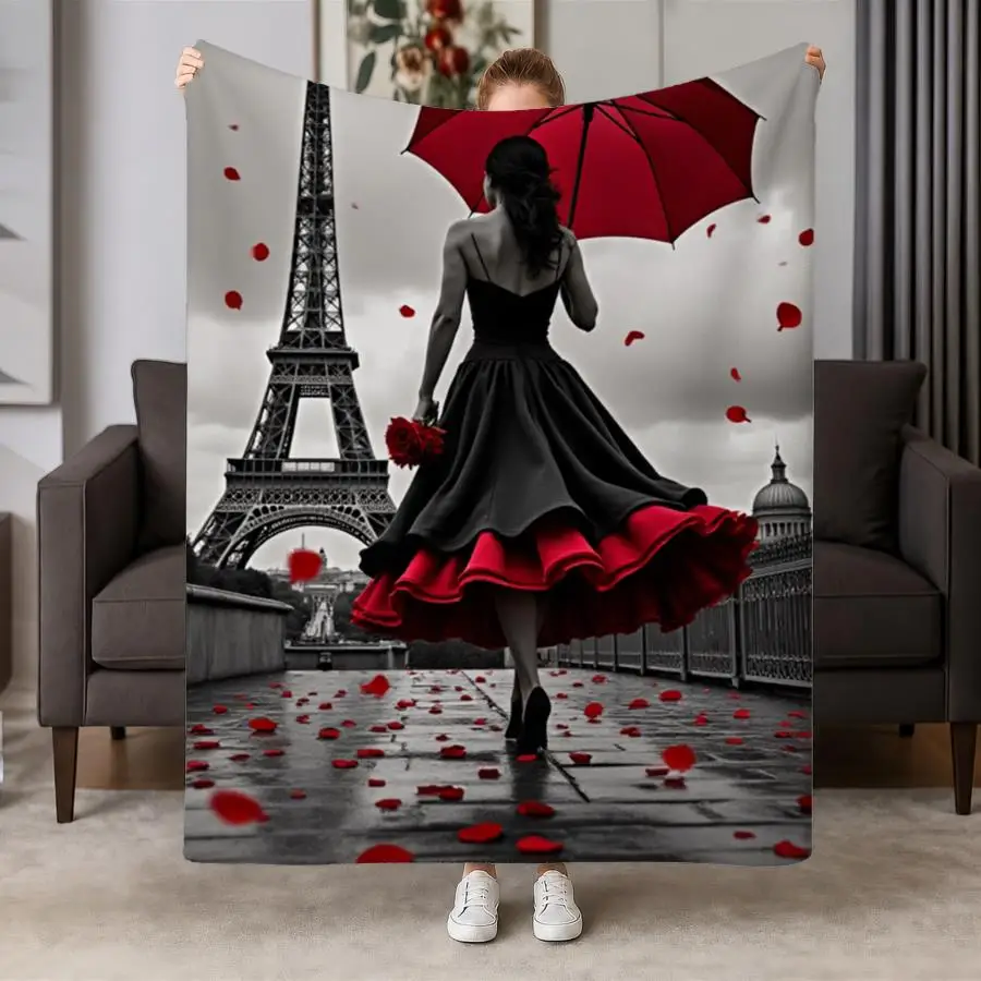 Eiffel Tower Paris Lady Red Umbrella Rose Petals Flannel Throw Blanket, Romantic Paris Cityscape Blanket for Gift