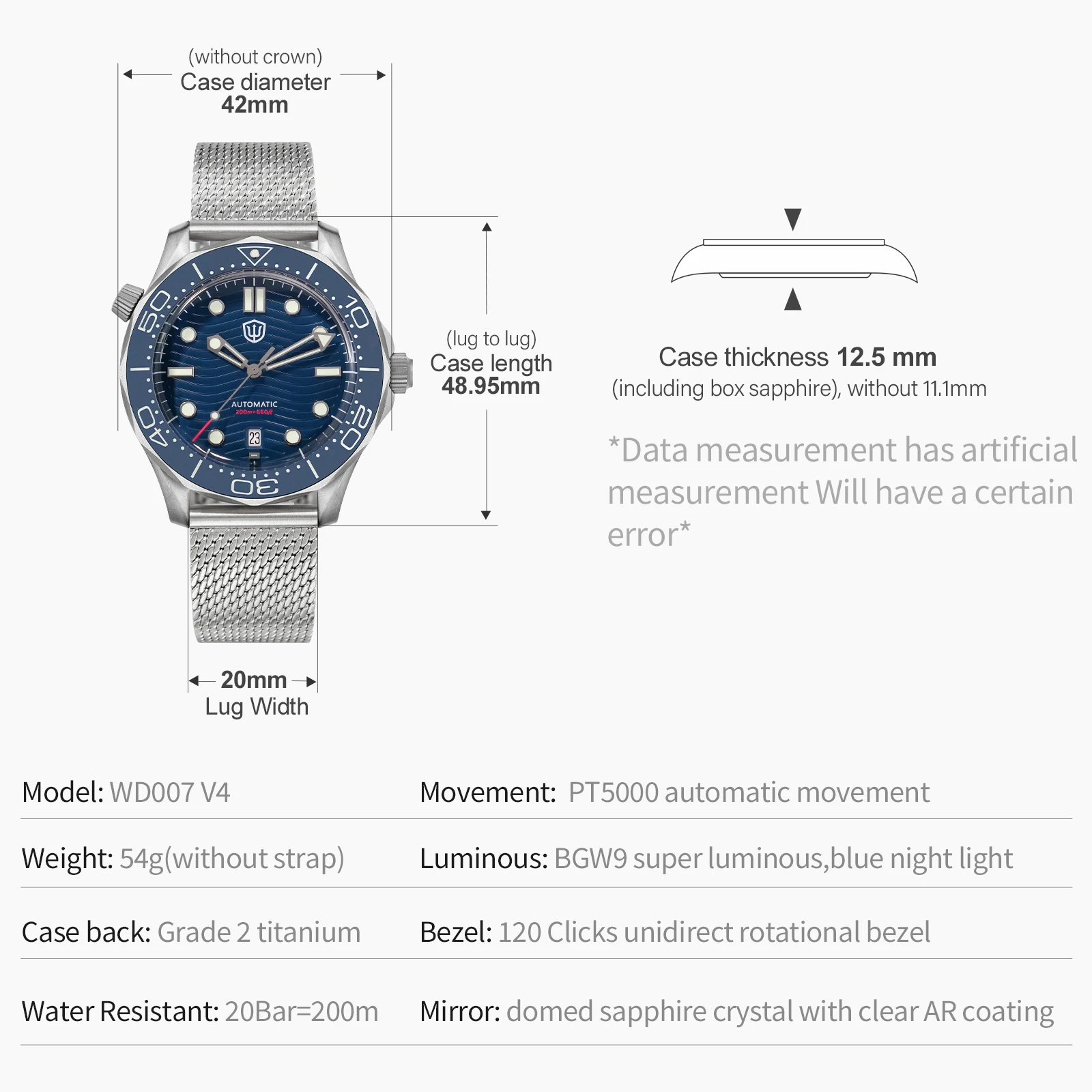 Watchdives WD007 V4 Mechanical Watch 42mm Grade 2 Titanium Top Hat Bubble Sapphire Crystal Men Watch PT5000 Automatic Dive Watch
