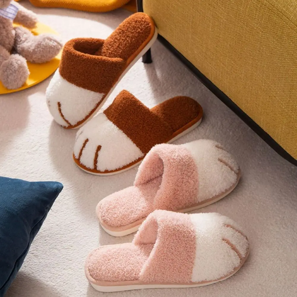 Non-Slip Kitty Plush Cat Paw Slippers Creative Cute Cat Claw Slippers Soft Thick Sole Winter Fluffy Slides Indoor