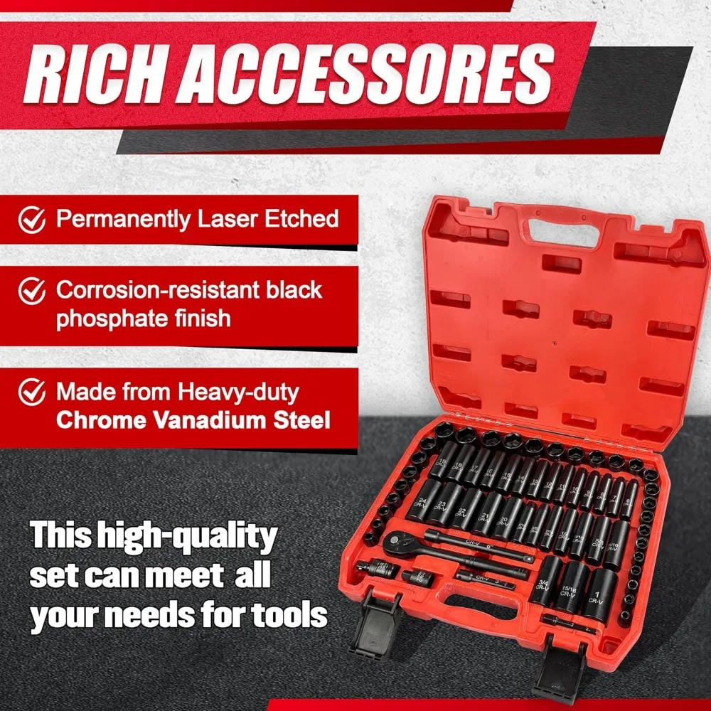 

64pcs 3/8" Socket Set,Drive Impact Socket Set, SAE/Metric, Deep & Shallow, Cr-V Steel, 6 Point with Adapters, 72T Ratchet Handle