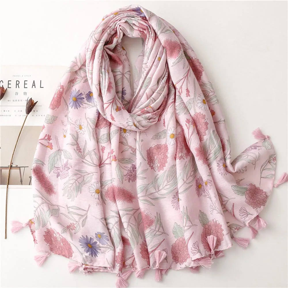 2023 Women Spring Big Flower Pattern Tassel Scarf Shawls Long Women Floral Print Head Wrap Hijab Scarves Free Shipping