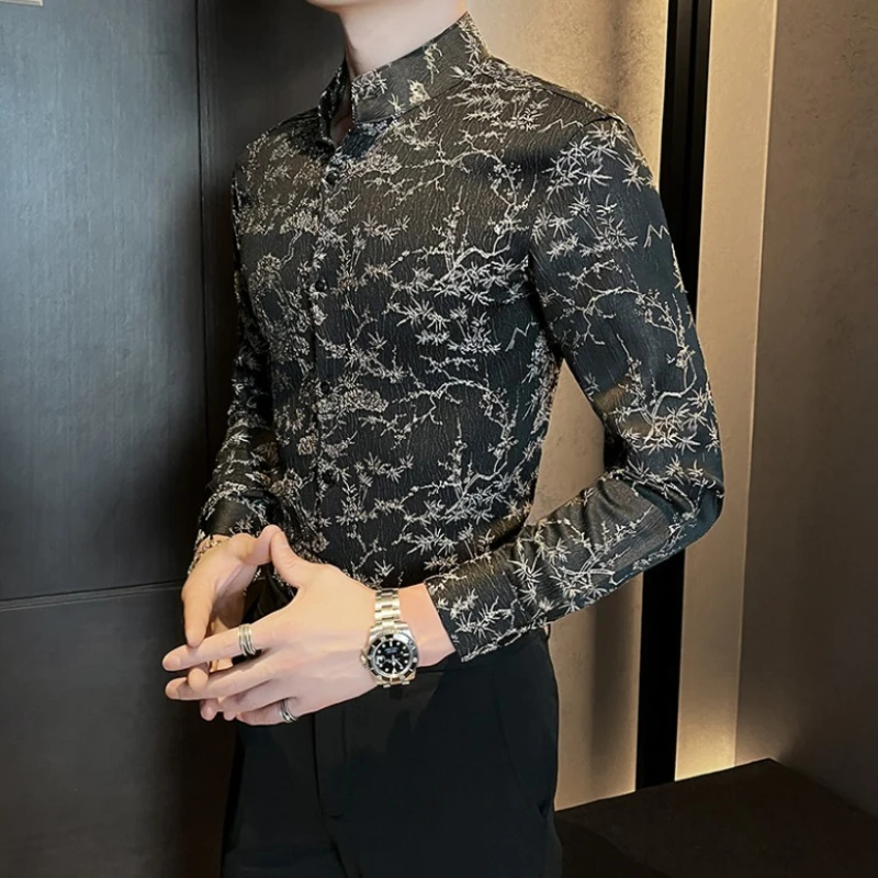 Trend Men's Stand Collar Jacquard Shirt Long Sleeve Casual Business Dress Shirts Street Wear Social Daily Shirts Men Clothing