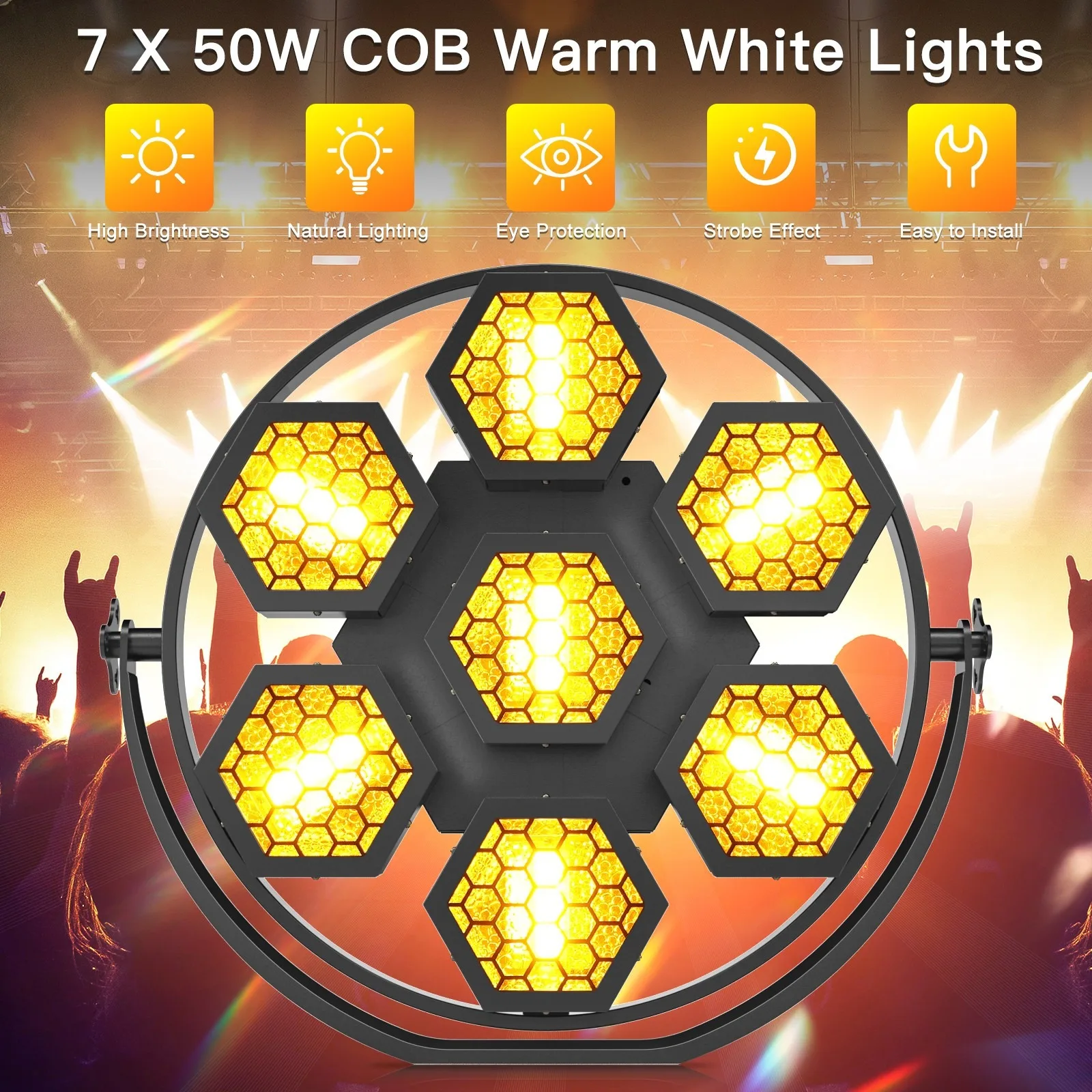350W Rgbw Four-In-One Uplighting Light with 7 Cob Leds Stage Spotlight, Hexagonal Retro Light with Dmx Sound Control Function, Suitable for Dj Stage Background Color Mixing Effects at Parties, Disco Performances, and Wedding Churches